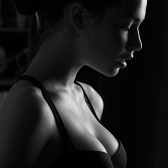 Woman portrait. Black and white photo.