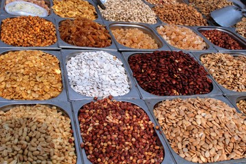 Variety of nuts exposed in the market