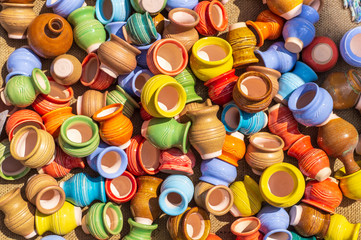 Dishes made of clay, different jugs handmade.