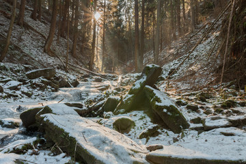 winter creek in  the valley in parkland in February