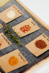 Image of handful different herbal spices on signed papers on the board isolated on white background