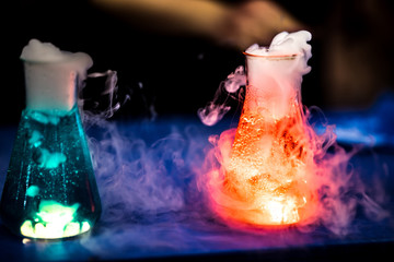 Glass flasks with chemical reaction - 270078669