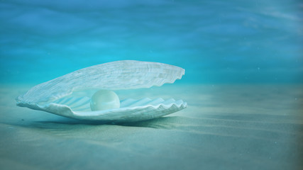 Mother of pearls underwater. Sea shell underwater. Beautiful pearls, expensive jewelry. Oysters and pearls on the underwater sandy seabed. Sunlight beams and shine through water, 3D Illustration