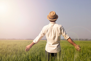 Naklejka na ściany i meble Happy man in shirt and cap on wheat and sunlight background. Concepts of success and good luck in business, agriculture, organic farming, fresh wheat harvest