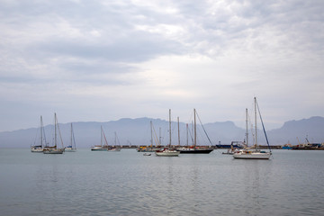 Boats in the marina, the bay of Mindelo, Cape Verde.
