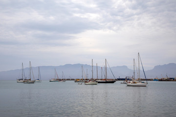 Fototapeta na wymiar Boats in the marina, the bay of Mindelo, Cape Verde.