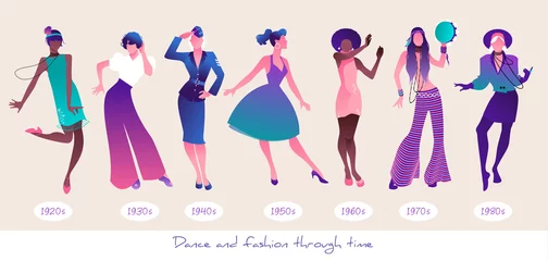 Tanz und Mode im Wandel der Zeit. Stellen Sie sieben tanzende Frauen dar, die Kleidung aus verschiedenen Epochen tragen, von den zwanziger bis zu den 80er Jahren © LaInspiratriz
