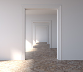 Abstract empty room with wall, floor, ceiling without, 3D illustration. 