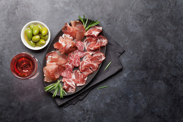 Spanish jamon, prosciutto crudo ham, italian salami