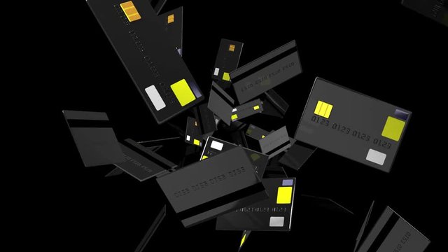 Black Credit cards on black background.Loop able 3D render animation.