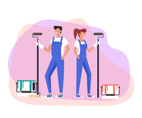 Two people man and woman characters making repair apartment renovation. Construction banner poster concept. Vector design flat graphic cartoon illustration