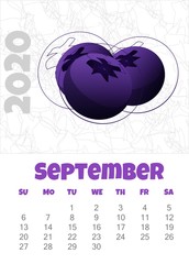 Calendar 2020 with Blueberries. September. Vector illustration.