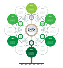 Vertical Timeline infographics. Tree of development and growth of the eco business. Info graphic of tendencies and trends graph. Business presentation concept with 6 or 12 options, steps or processes.