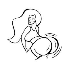 Twerk dance girl. Beautiful cartoon woman character with long hair, big booty. Vector illustration isolated on white background. Design element for print, sticker, label, logo, card, poster, coloring