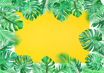 Fototapeta na wymiar Tropical leaves set with yellowcopy space background