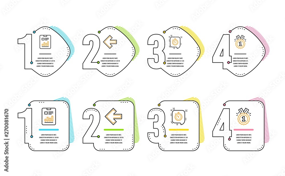 Poster report document, left arrow and timer icons simple set. approved sign. page with charts, direction a
