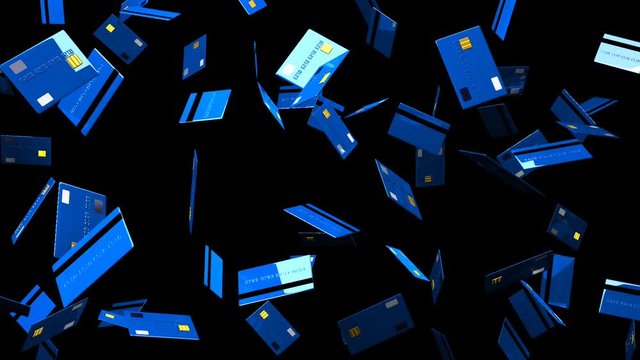 Blue Credit cards on black background.Loop able 3D render animation.