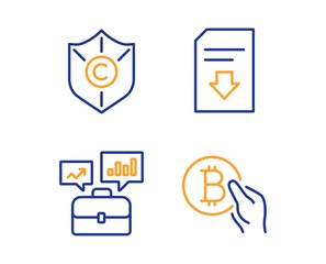 Obraz premium Business portfolio, Copyright protection and Download file icons simple set. Bitcoin pay sign. Job interview, Shield, Load document. Cryptocurrency coin. Business set. Linear business portfolio icon