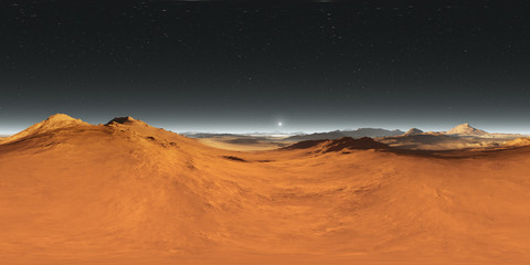Obraz na płótnie Canvas 360 degree Martian landscape panorama, Mars sunset, environment HDRI map. Equirectangular spherical projection