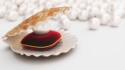 Sea shell with pearl on a soft red velvet pillow with a gold stroke. Beautiful pearl, expensive jewelry for women. Seashell, plurality of beautiful pearls. Beautiful shiny sea pearls, 3D illustration