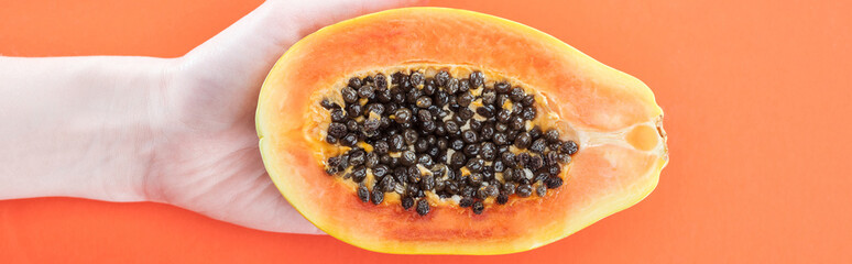 panoramic shot of woman holding ripe exotic papaya half with black seeds isolated on orange