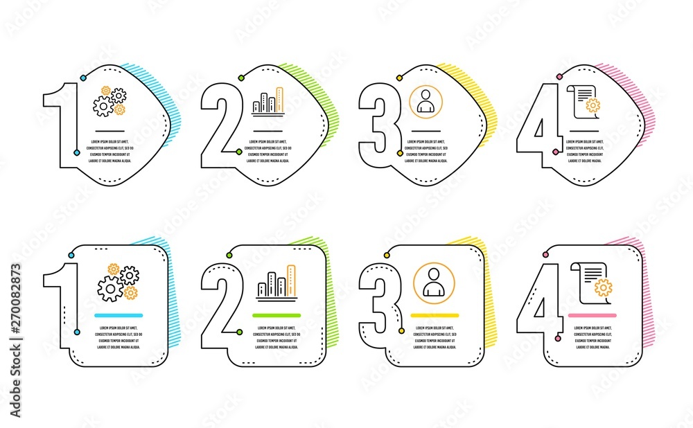 Poster avatar, graph chart and cogwheel icons simple set. technical documentation sign. user profile, growt