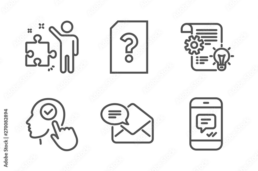 Poster cogwheel, unknown file and select user icons simple set. new mail, strategy and message signs. idea 