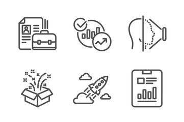 Gift, Vacancy and Face id icons simple set. Startup rocket, Statistics and Report document signs. New year, Hiring job. Business set. Line gift icon. Editable stroke. Vector
