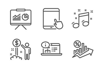 Income money, Online documentation and Musical note icons simple set. Tablet pc, Presentation and Loan percent signs. Wealth, Web engineering. Business set. Line income money icon. Editable stroke