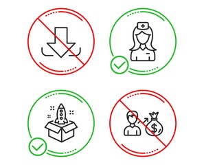 Do or Stop. Download, Hospital nurse and Startup icons simple set. Sallary sign. Load file, Medical assistant, Innovation. Person earnings. Business set. Line download do icon. Prohibited ban stop