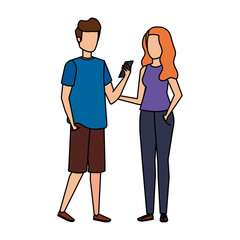 young couple using smartphone characters