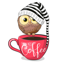 Naklejki  Kreskówka sowa siedzi na filiżance kawy