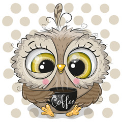 Cartoon owl with black Cup of coffee