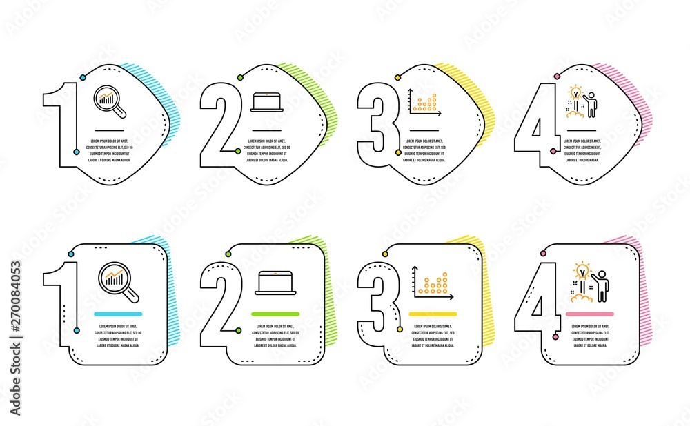 Poster data analysis, laptop and dot plot icons simple set. creative idea sign. magnifying glass, mobile co