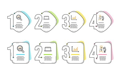 Data analysis, Laptop and Dot plot icons simple set. Creative idea sign. Magnifying glass, Mobile computer, Presentation graph. Startup. Education set. Infographic timeline. Line data analysis icon