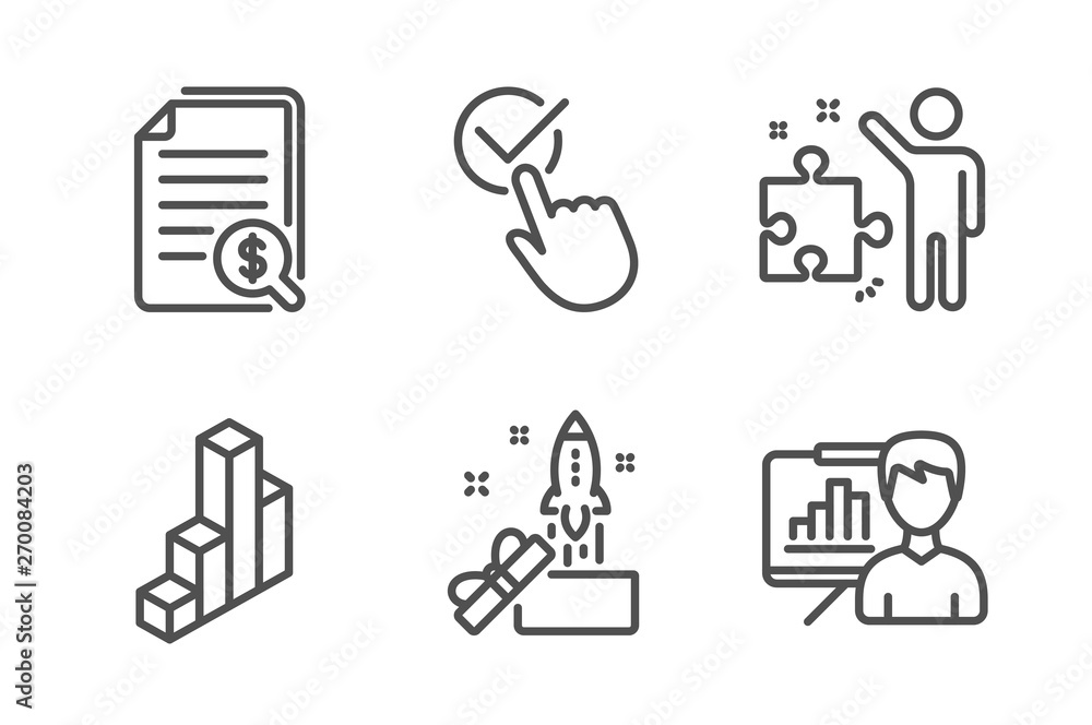 Poster checkbox, financial documents and innovation icons simple set. 3d chart, strategy and presentation b