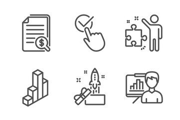 Checkbox, Financial documents and Innovation icons simple set. 3d chart, Strategy and Presentation board signs. Approved, Check docs. Education set. Line checkbox icon. Editable stroke. Vector