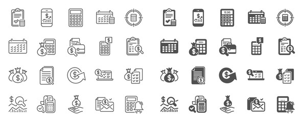 Accounting line icons. Set of Calculator, Check investment and Report icons. Calendar, Banking account and Finance accounting report document. Bill, Calculator and Wealth auditing. Quality sign set