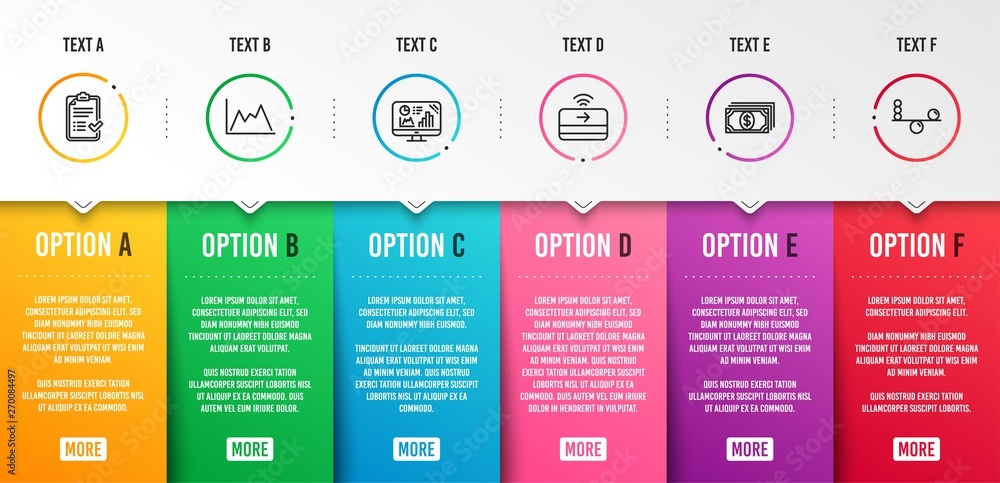 Poster payment, approved checklist and analytics graph icons simple set. contactless payment, diagram and b