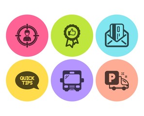 Headhunting, Credit card and Bus icons simple set. Quickstart guide, Positive feedback and Truck parking signs. Person in target, Mail. Business set. Flat headhunting icon. Circle button. Vector