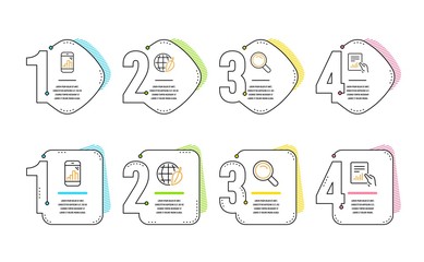 Search, Graph phone and Environment day icons simple set. Document sign. Magnifying glass, Mobile statistics, Safe world. File with diagram. Education set. Infographic timeline. Line search icon