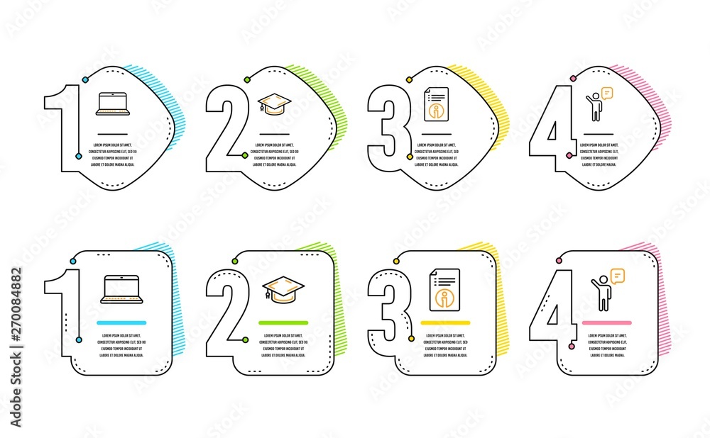 Poster notebook, technical info and graduation cap icons simple set. agent sign. laptop computer, documenta