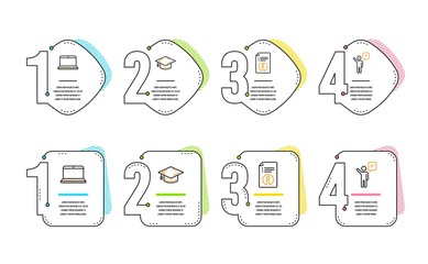 Notebook, Technical info and Graduation cap icons simple set. Agent sign. Laptop computer, Documentation, University. Business person. Education set. Infographic timeline. Line notebook icon. Vector