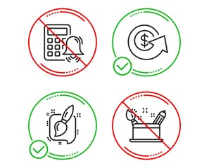 Fototapeta premium Do or Stop. Calculator alarm, Dollar exchange and Painting brush icons simple set. Creativity concept sign. Accounting, Money refund, Graphic art. Education set. Line calculator alarm do icon. Vector