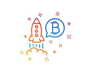 Bitcoin line icon. Cryptocurrency startup sign. Crypto rocket symbol. Gradient design elements. Linear bitcoin project icon. Random shapes. Vector