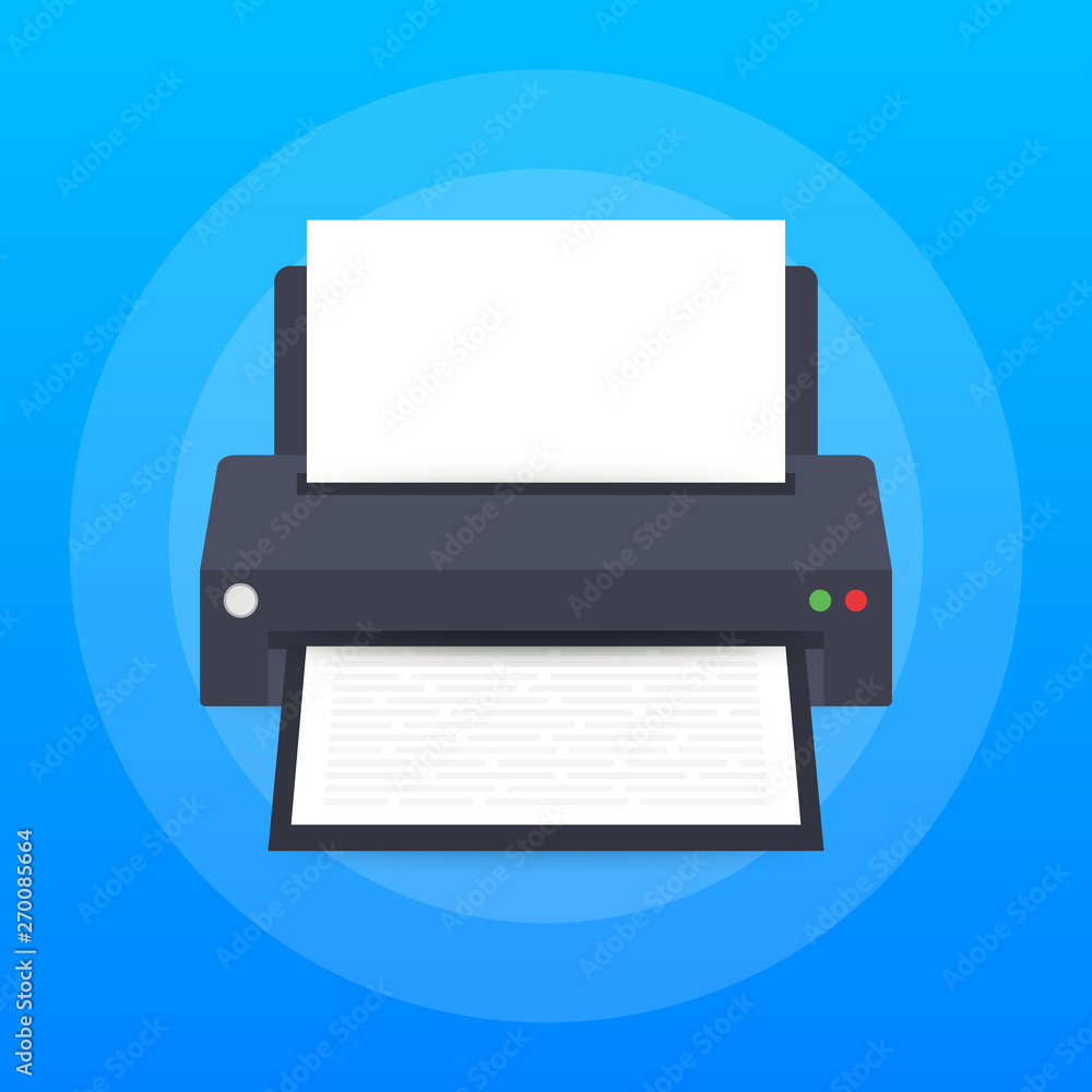 Aufkleber flat printer icon. printer with paper a4 sheet and printed text document. vector stock illustration.
