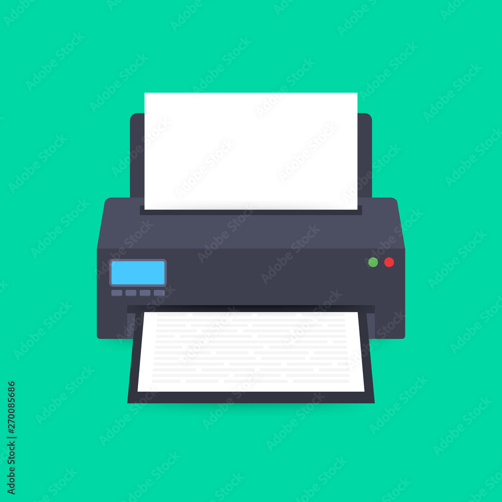 Poster flat printer icon. printer with paper a4 sheet and printed text document. vector stock illustration.