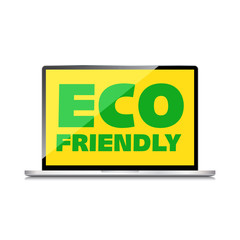 Eco friendly word on High-quality laptop screen. Think Green. Ecology Concept. Environmentally friendly planet.