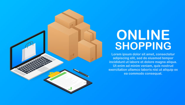 Online shopping e-commerce concept with online shopping and marketing icon. Vector stock illustration.