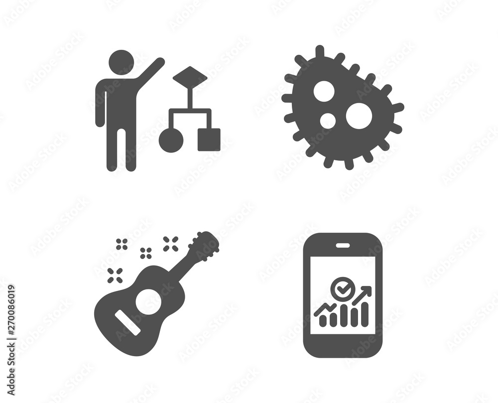 Poster set of algorithm, bacteria and guitar icons. smartphone statistics sign. developers job, antibacteri